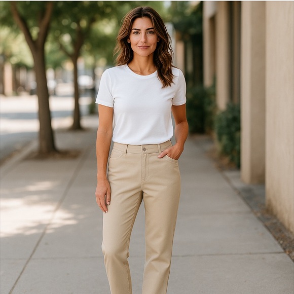 Lee Women’s At The Waist Straight Leg Twill Khaki Pants Size P14 - Picture 1 of 13